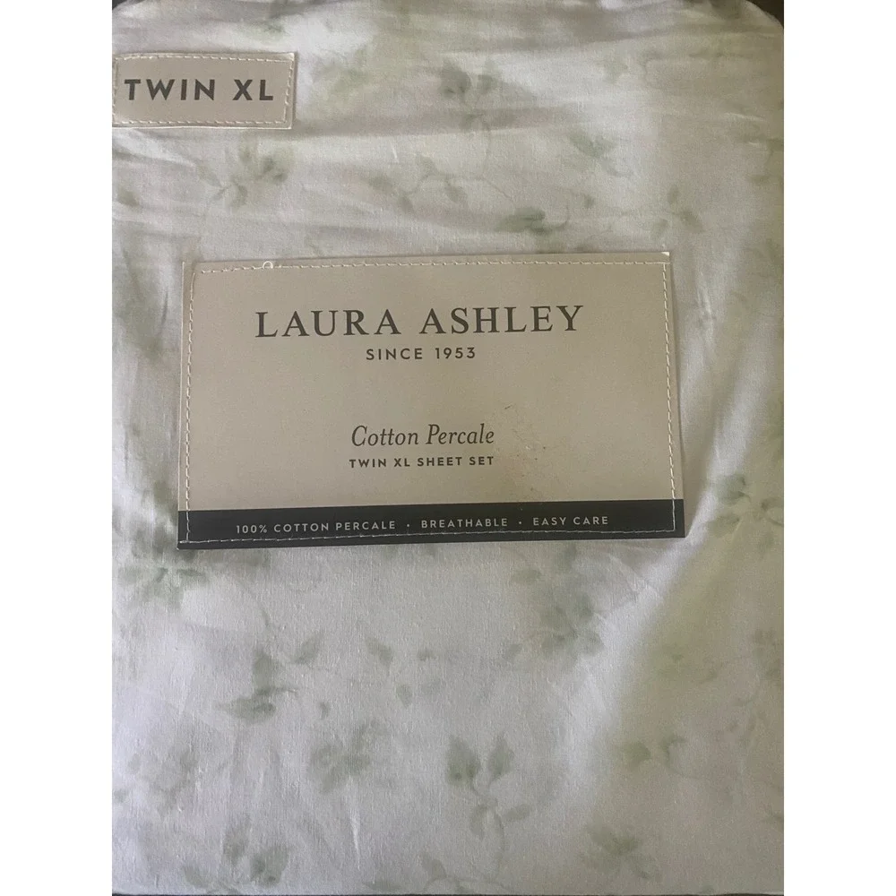 Laura Ashley Twin XL Sheet Set Cotton Percale Natalie Green Floral 3pc Bedding